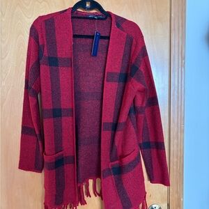 Adrienne Vittadini Red and Black Plaid Cardigan